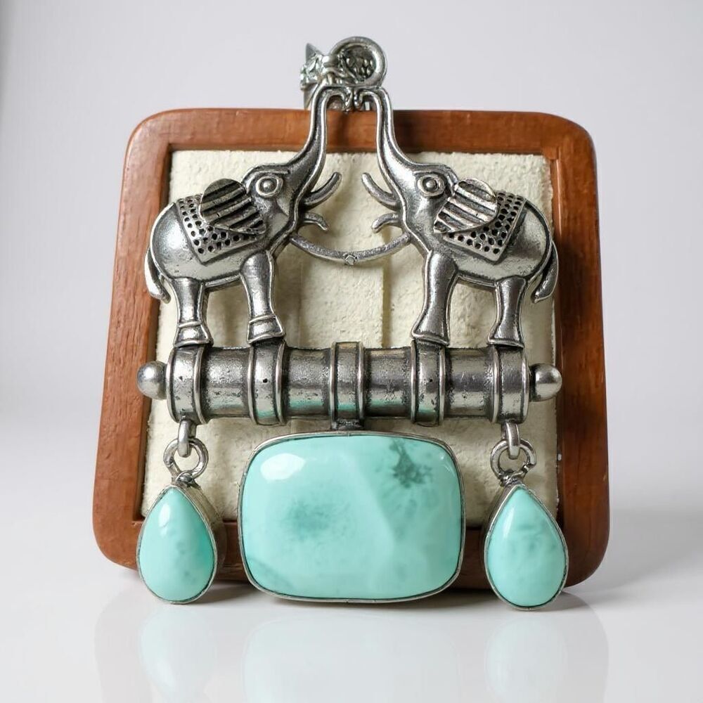 Larimar Artisan Articulating Pendant Silver Necklace Bali Elephant Motif